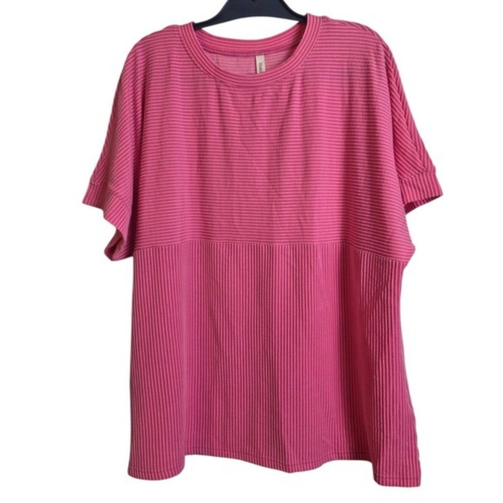 Evaless Ribbed Knit Top Womens 2XL Pink Short Sleeve Textured Crew Neck Tee NEW - Picture 5 of 14
